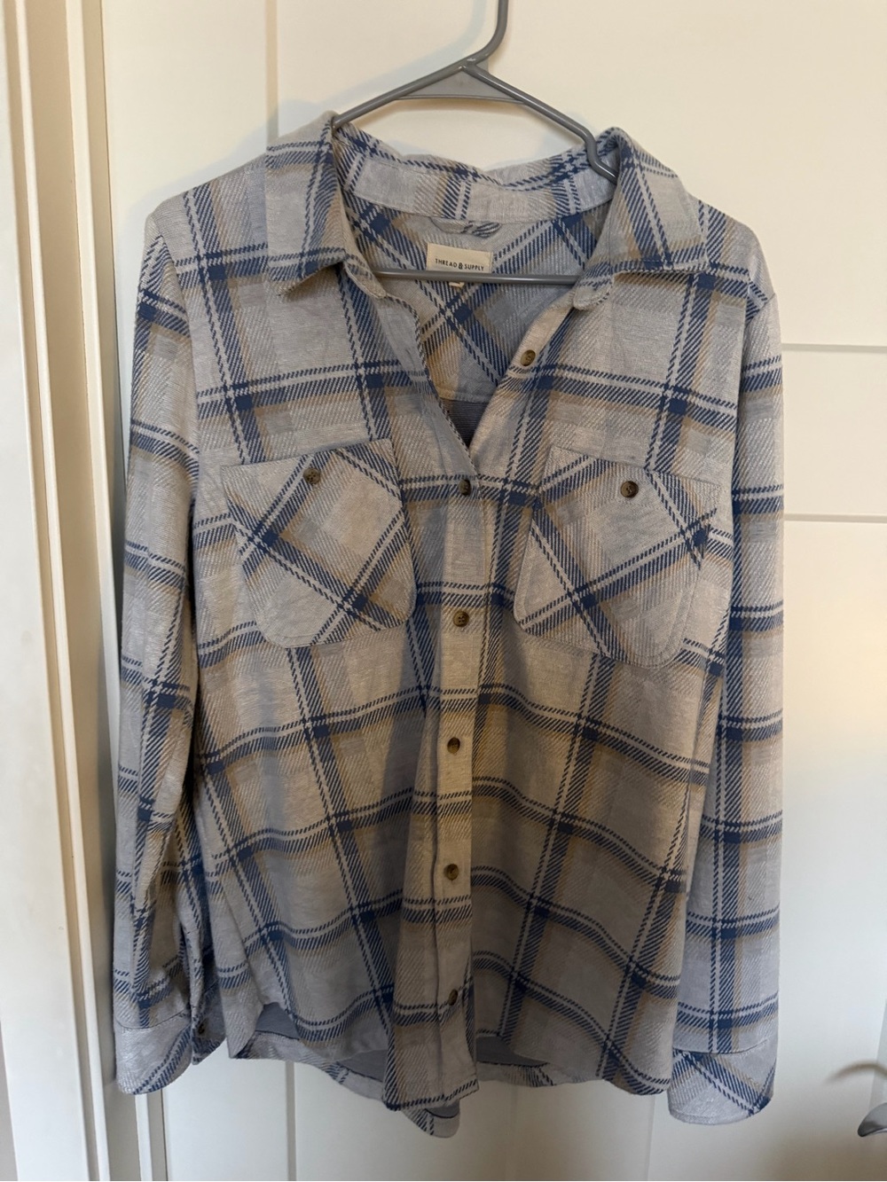 Thread & Supply Blue and Light Gray Plaid Button-Down Shirt